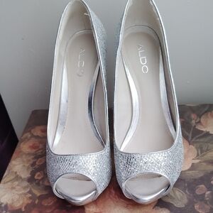 Aldo Glittering Silver Peep-Toe Heels
